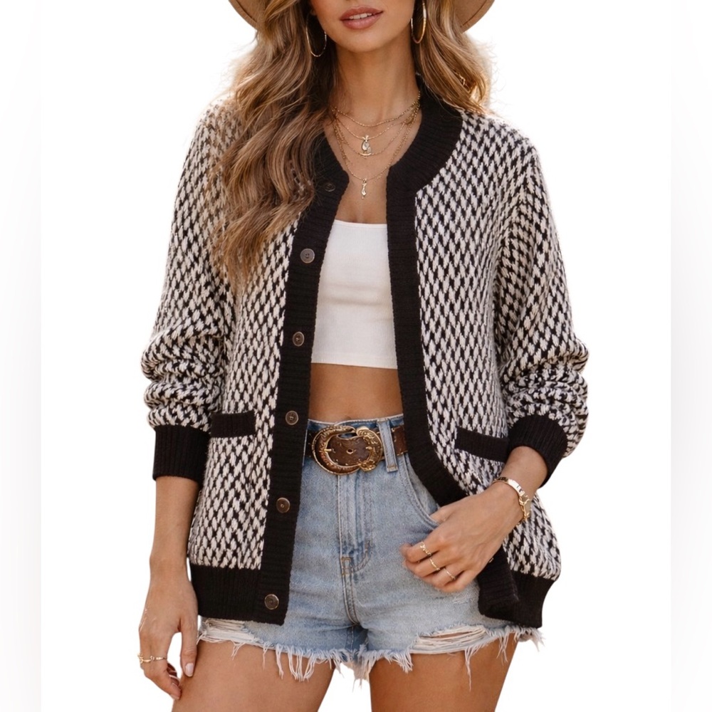 Vintage H.E.R. Black White Houndstooth Button Up Knit Cardigan Sweater Large